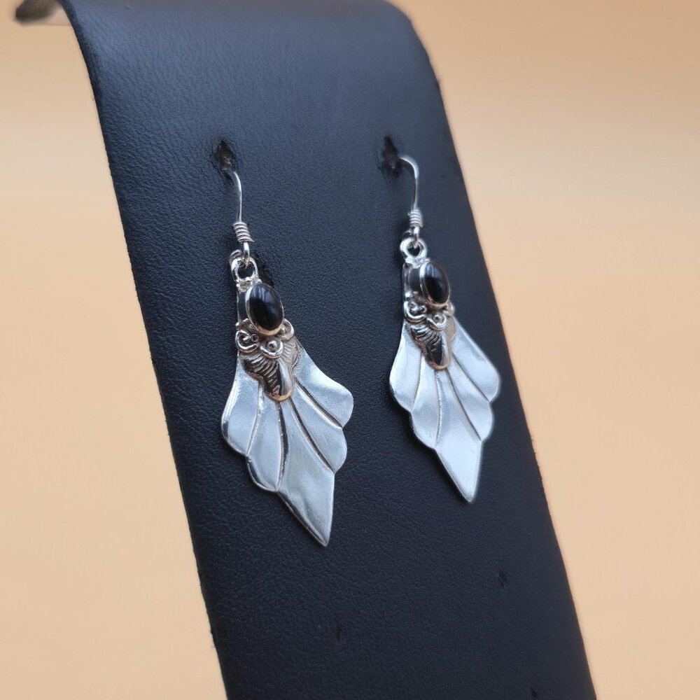 Sterling Silver Floral Black Enamel Dangle Earrings A5634 - Picture 2 of 6